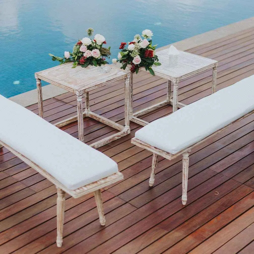 Elegant French Style Wooden Bench with Cushioning for Indoor Outdoor Party Event