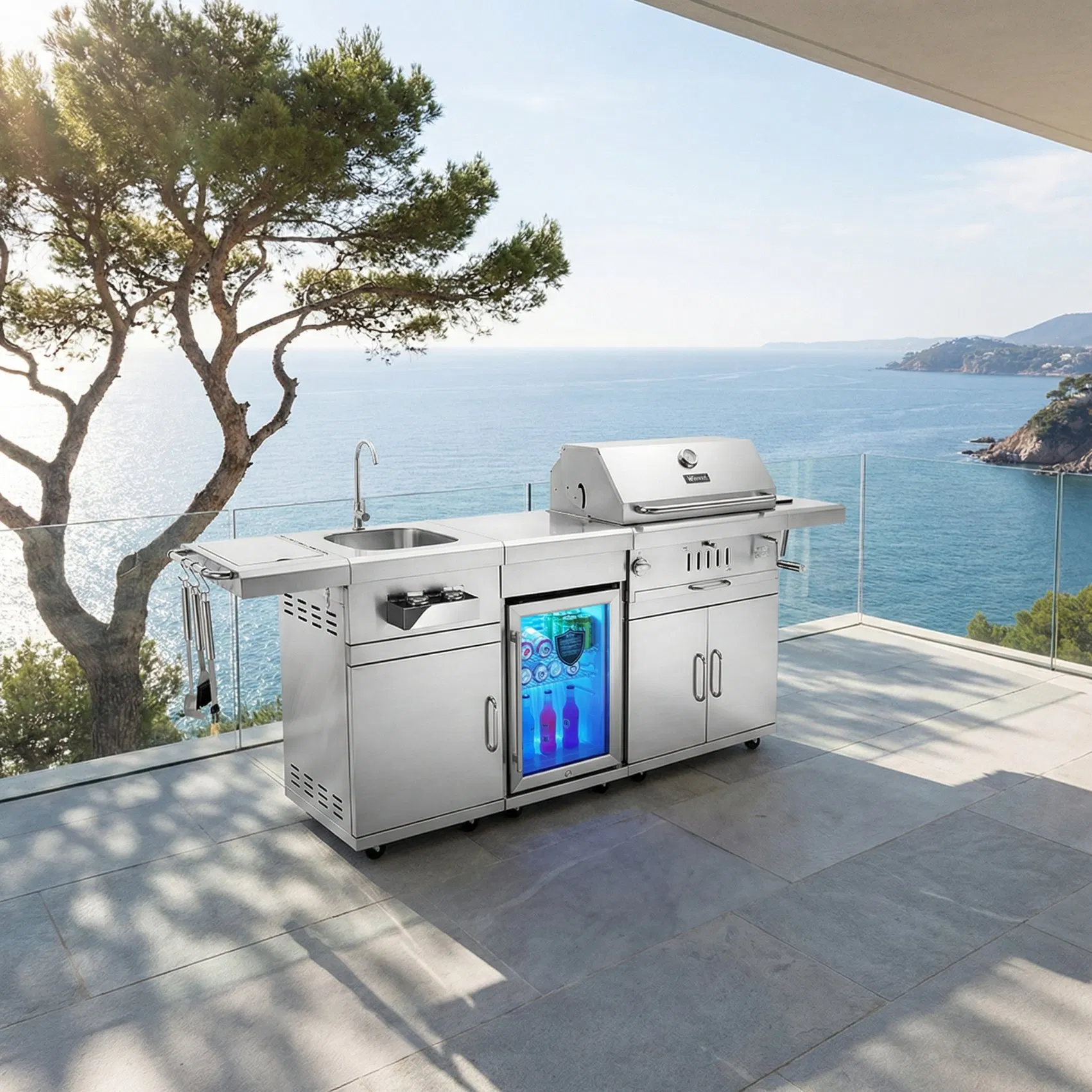 Stainless Steel BBQ Island with Wheels Wholesale Heavy Duty Grill Outdoor Kitchen Island for Restaurant