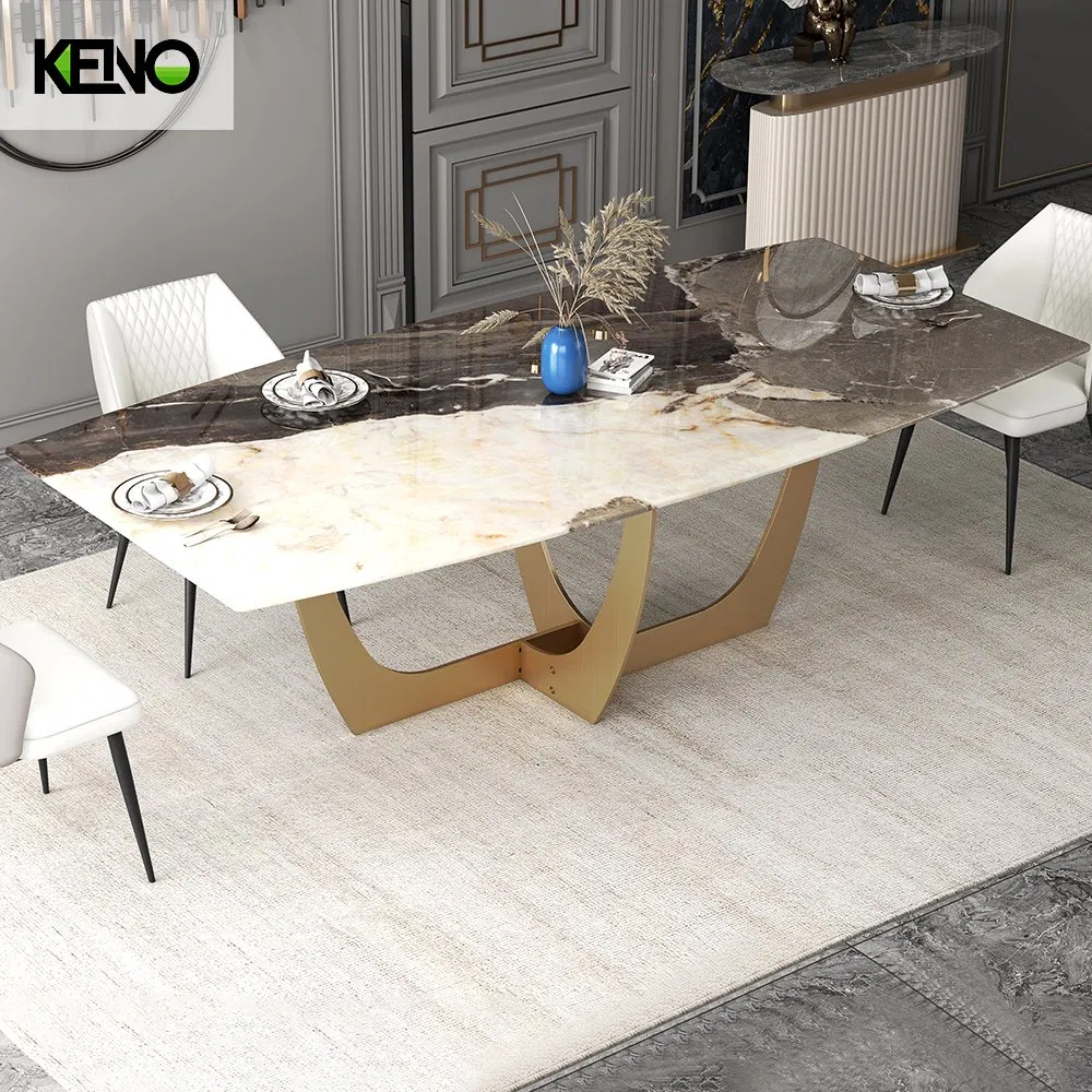New Wholesale Home Furniture Nature Marble Dining Table with Brass Golden Stainless Steel Base