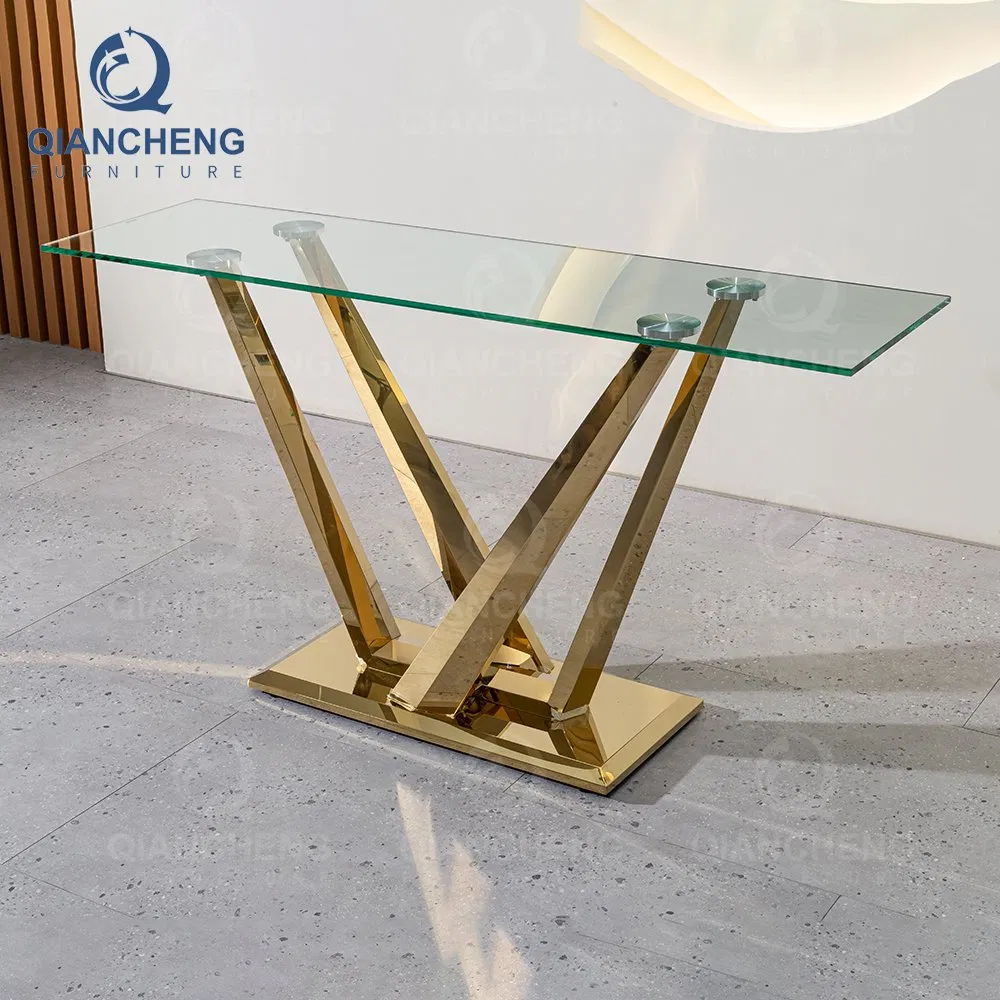 Home Entry Furniture Golden Stainless Steel Mirrored Glass Console Hallway Table