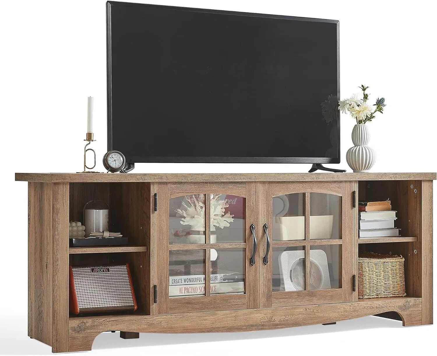 Classic Farmhouse TV Stand with Glass Door Solid Wood Design