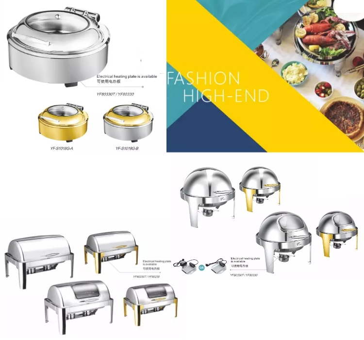 Commercial Electric Dome Roll up Rectangle Square Round Silver Gold Modern Beautiful Stainless Steel Warm Chafer Serving Buffet Server 4 Tray Heaters for Sale