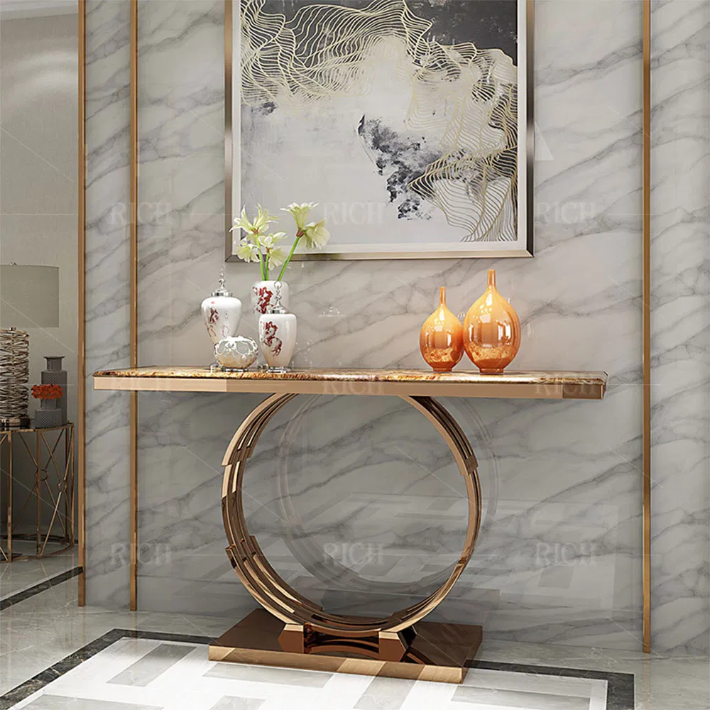 Entry Console Table with Marble Top Narrow Metal Stainless Steel Entrance Table Hallway Marble Console Table