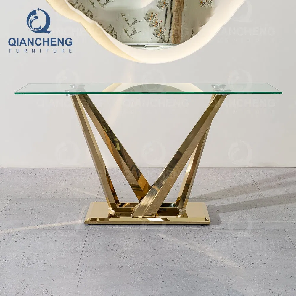 Home Entry Furniture Golden Stainless Steel Mirrored Glass Console Hallway Table