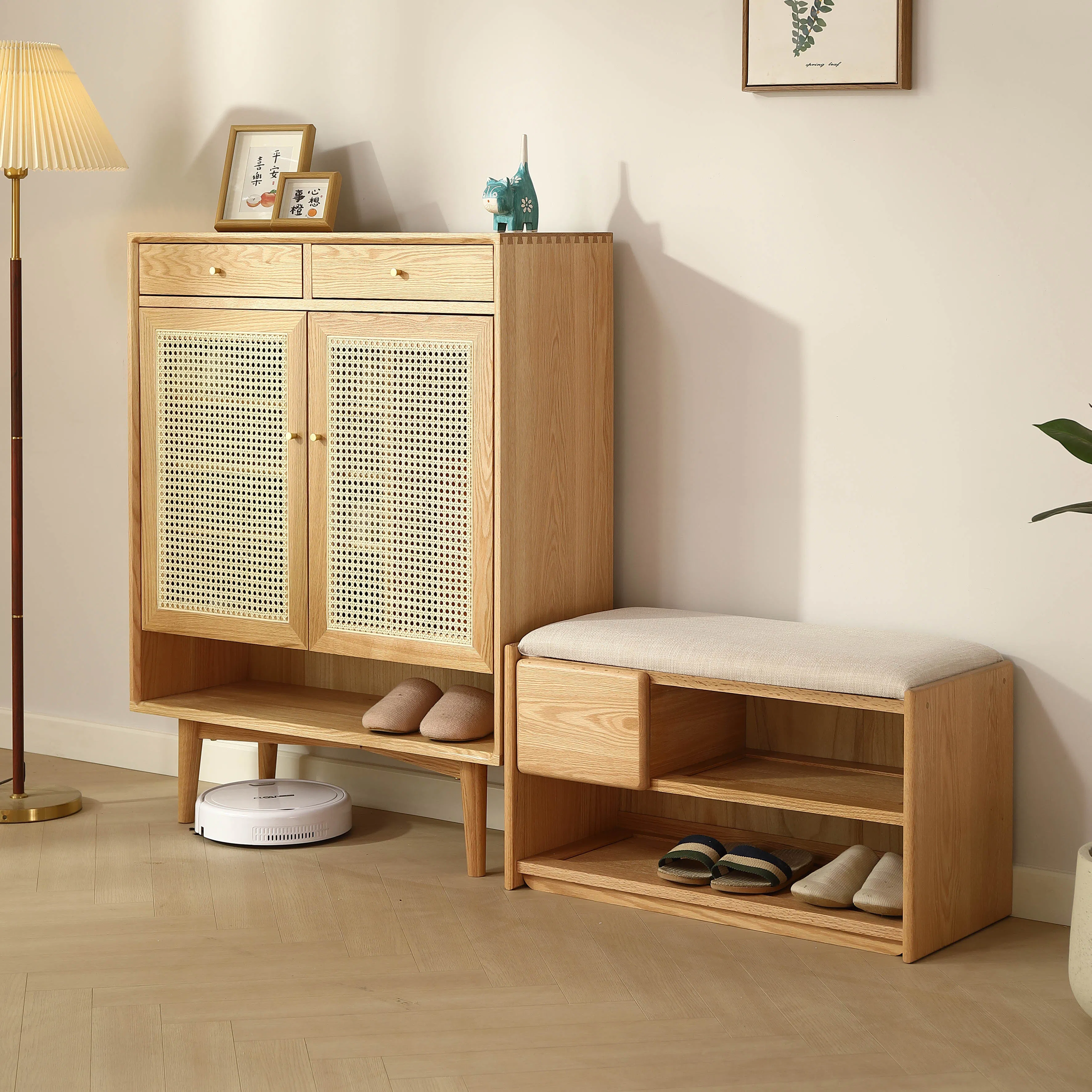 Living Room Entry Doorway Oak Wood Shoes Storage Cabinets with Glass Door