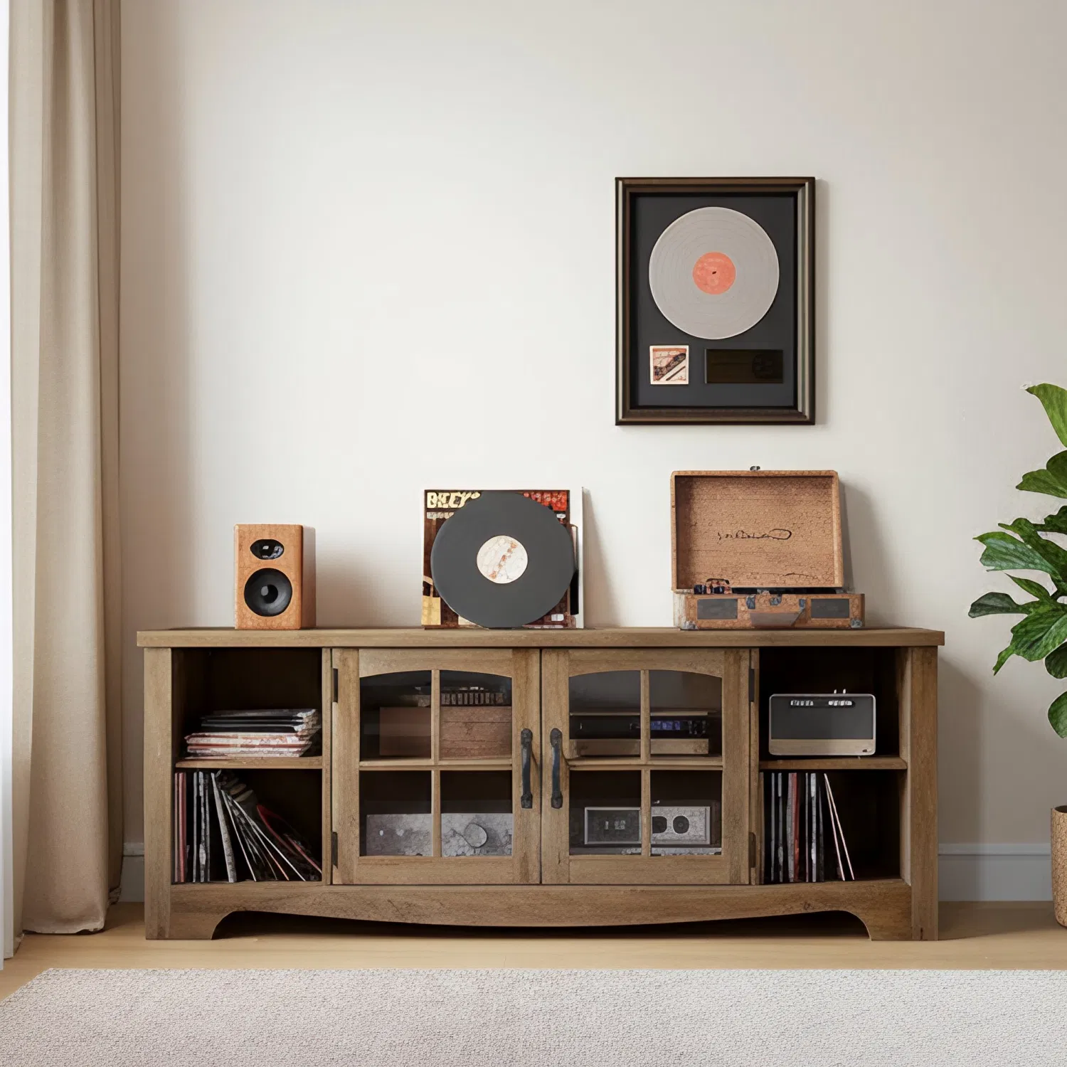 Classic Farmhouse TV Stand with Glass Door Solid Wood Design