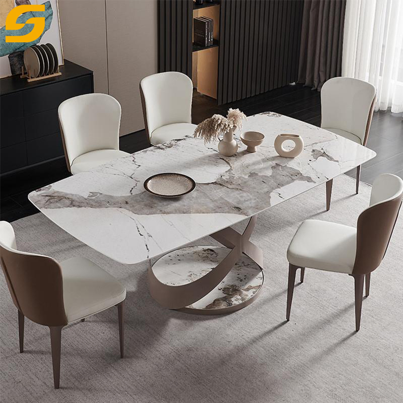 Modern Luxury Gold Marble Dining Table Set with Chair Stainless Steel Base
