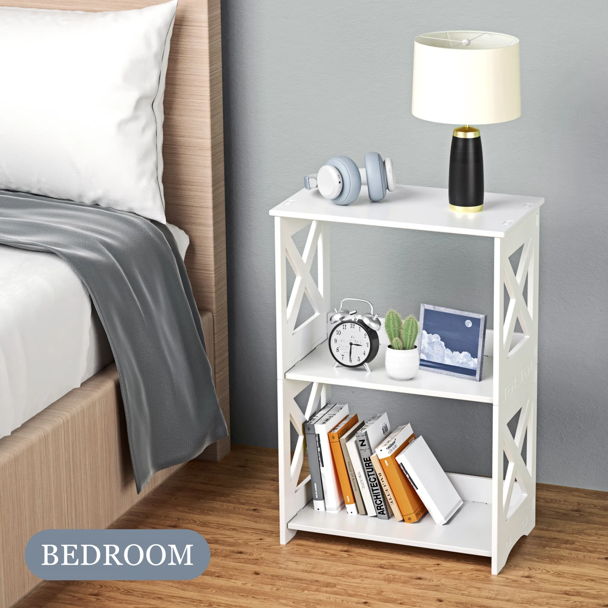 White PVC Small Side Table Book Rack Shelf for Bedroom Living Room Office