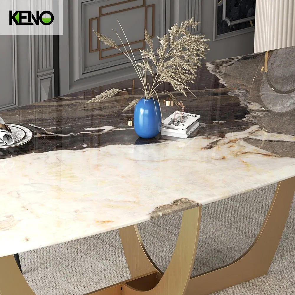 New Wholesale Home Furniture Nature Marble Dining Table with Brass Golden Stainless Steel Base