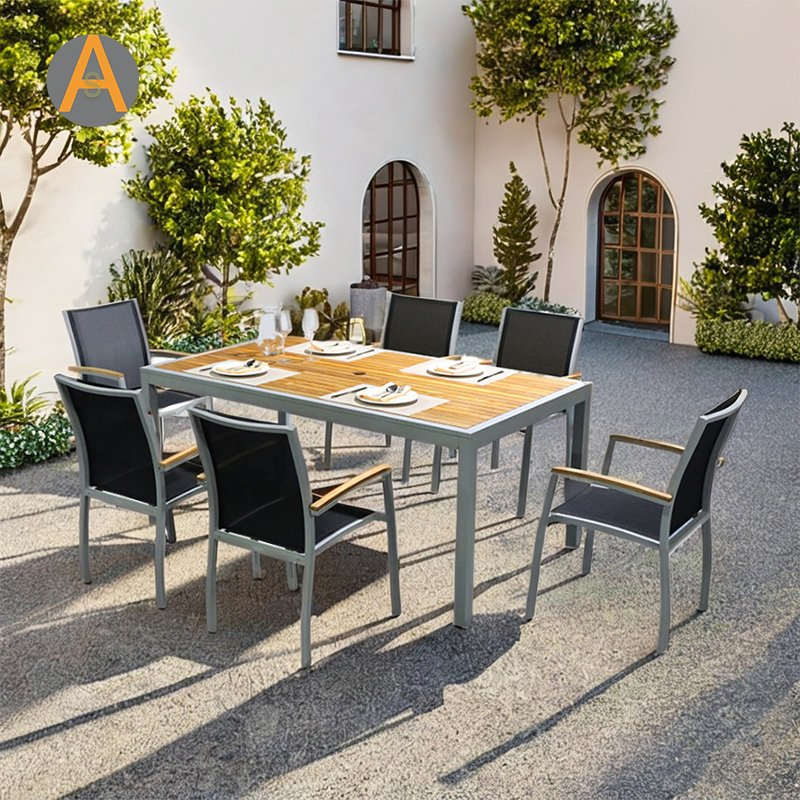 Guarantee Tailored High Quality Extendable Dining Set with Teak Wooden Table Top Aluminum Home Outdoor Furniture for Garden Living