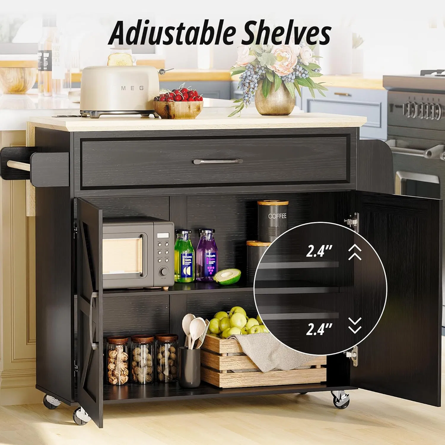 Multifunctional Storage Organizer Unit Kitchen Trolley with 3 Tier Spice Rack and Barn Door Cabinet Design Mobile Island
