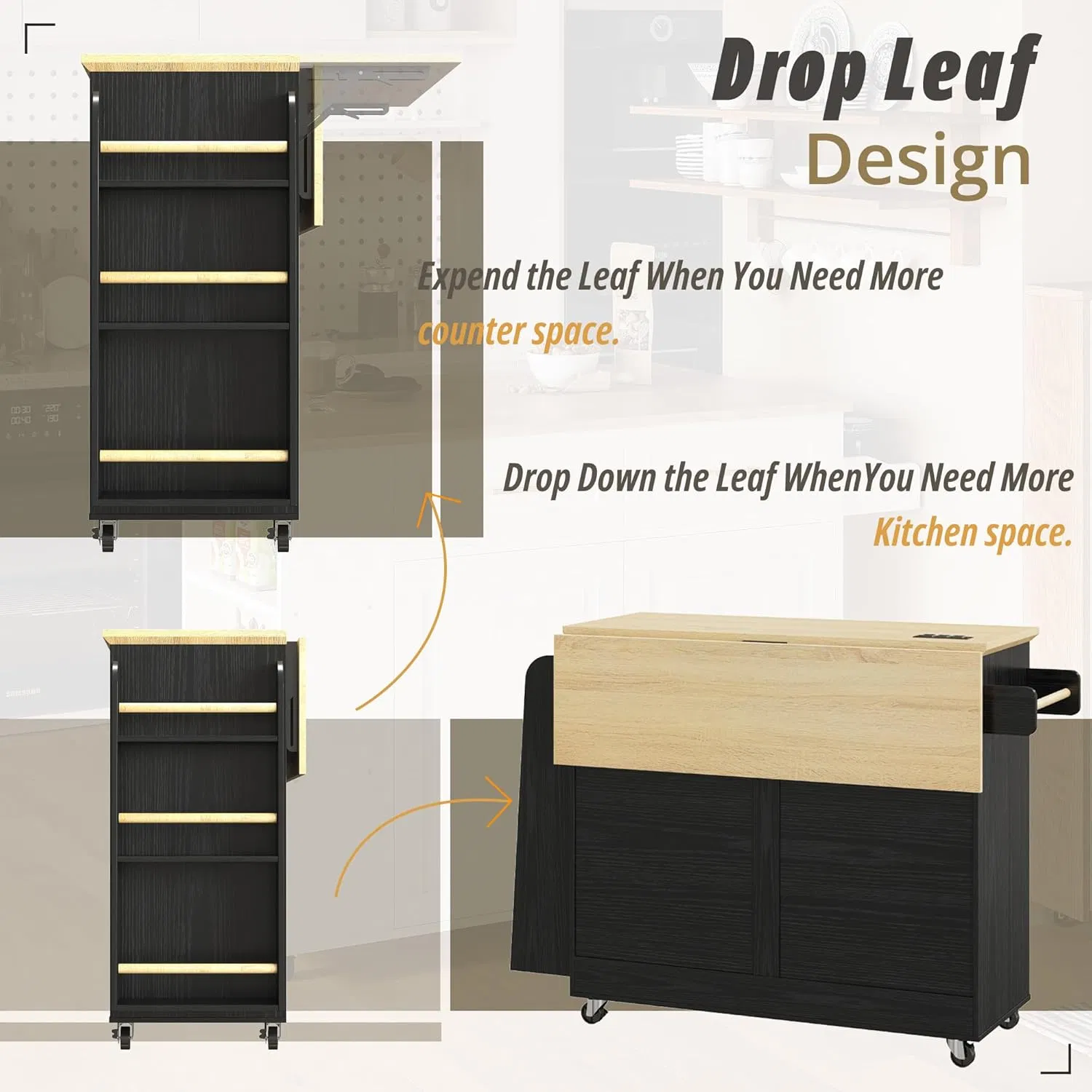 Multifunctional Storage Organizer Unit Kitchen Trolley with 3 Tier Spice Rack and Barn Door Cabinet Design Mobile Island