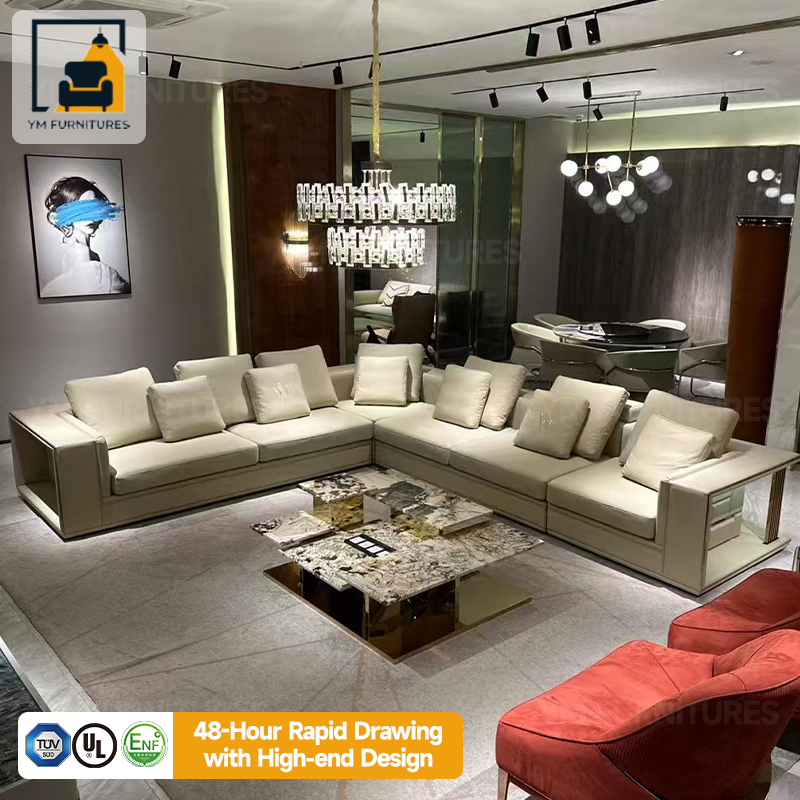 L-Shaped Minimalist Cotton Linen Fabric Sectional Couch Sofa Villa Living Room Furniture