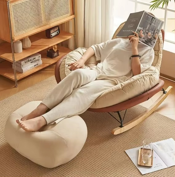 Luxury Nordic Modern Rocking Chair with Footstool, Velvet Leather Accent Lounge Armchair, Multifunctional Comfortable Sofa for Living Room
