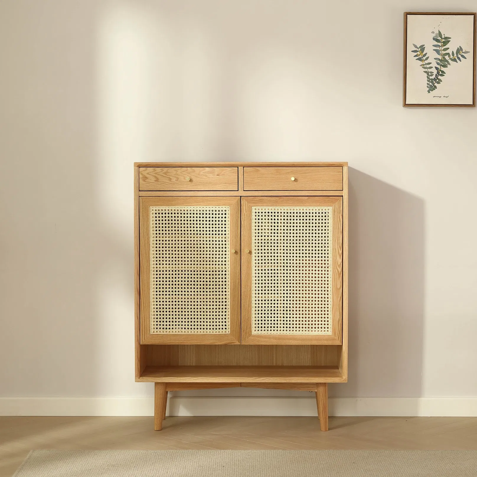 Living Room Entry Doorway Oak Wood Shoes Storage Cabinets with Glass Door