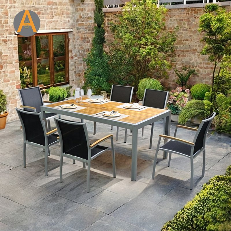 Guarantee Tailored High Quality Extendable Dining Set with Teak Wooden Table Top Aluminum Home Outdoor Furniture for Garden Living