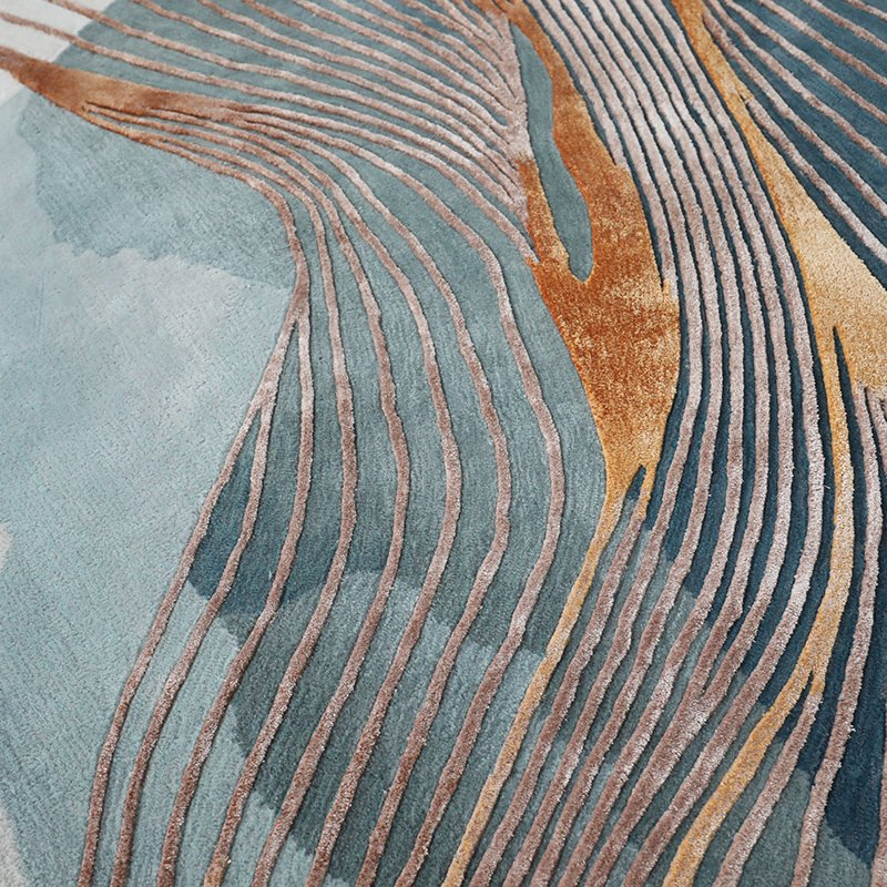 Blue Golden Round Carpet Wool Rugs Living Room Rug