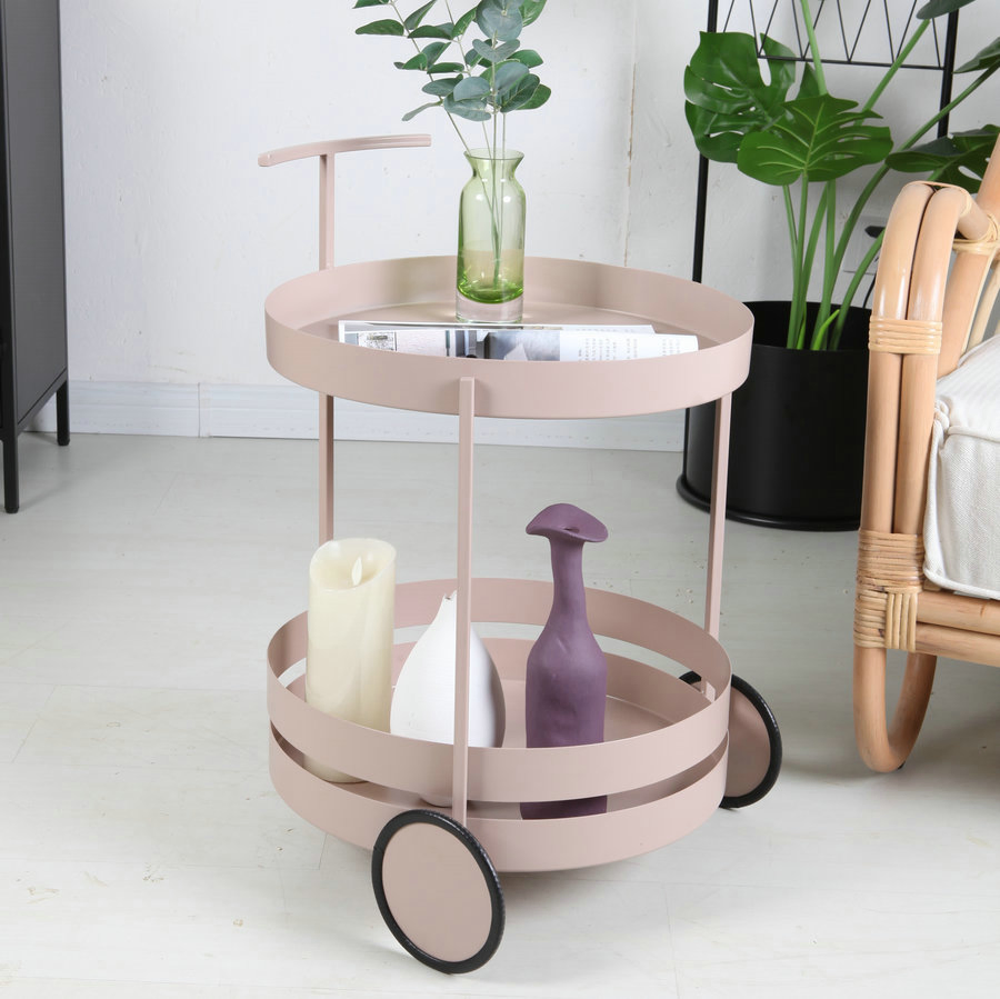 Assembled Round Iron Trolley Side Table with 2 Wheels