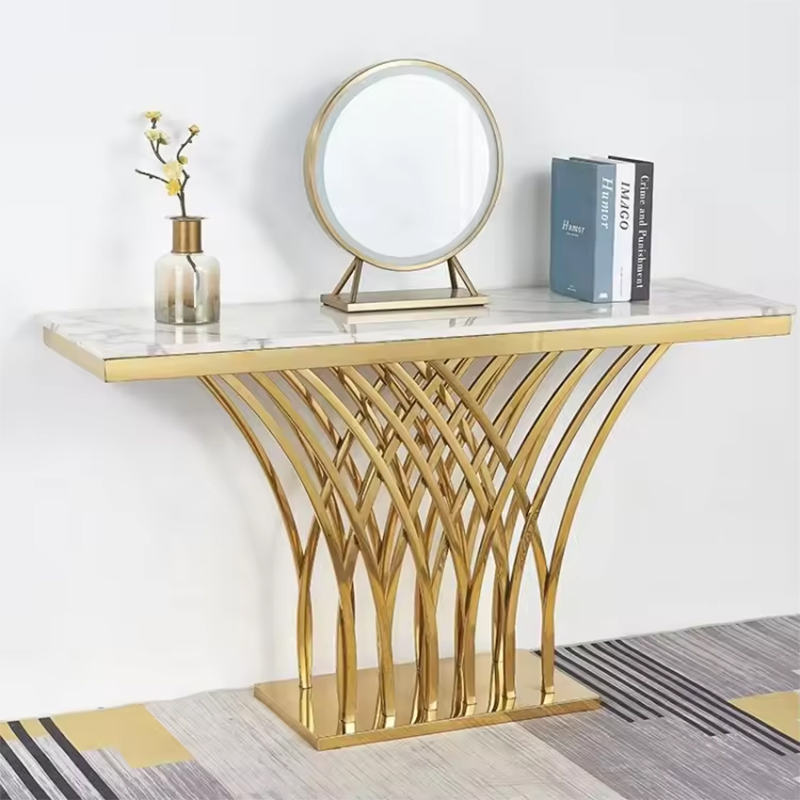 Foshan China Classic Luxury Modern Hall Entry Narrow Shaped Gold Square Mirror Console Table with Marble Table Top for Hallway
