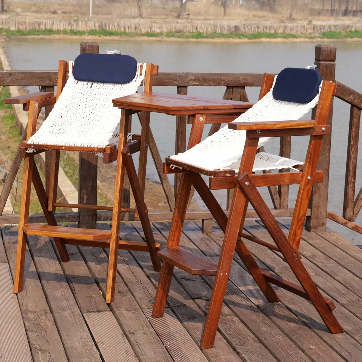 Combo Armrest Footrest Tete-a-Tete Table Garden Teak Rope Net Seat Folding Barstool