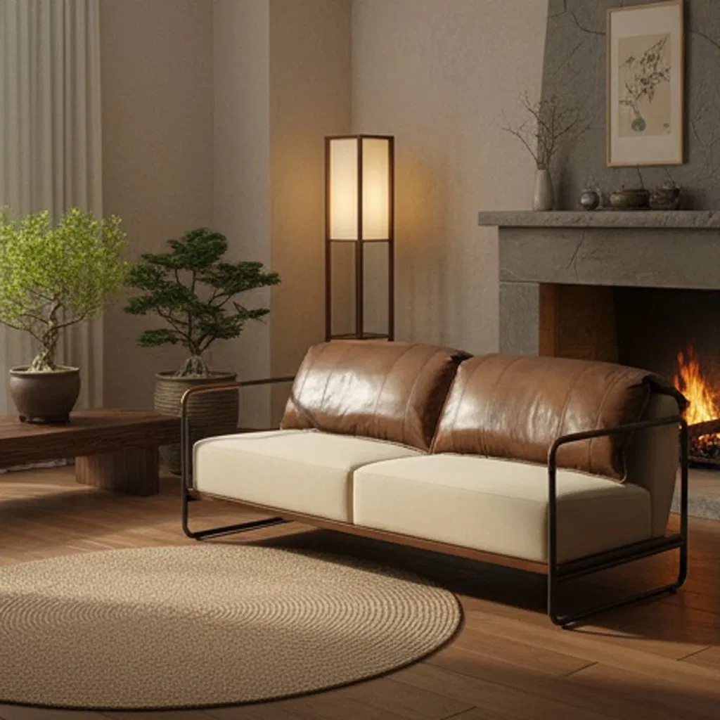 Quality Modern Industrial Loft Design Top Grain Leather Soft Backrest Cushion &amp; Canvas Seat Multi-Colors Living Room Long Couch Sofa Home Office Hotel Furniture