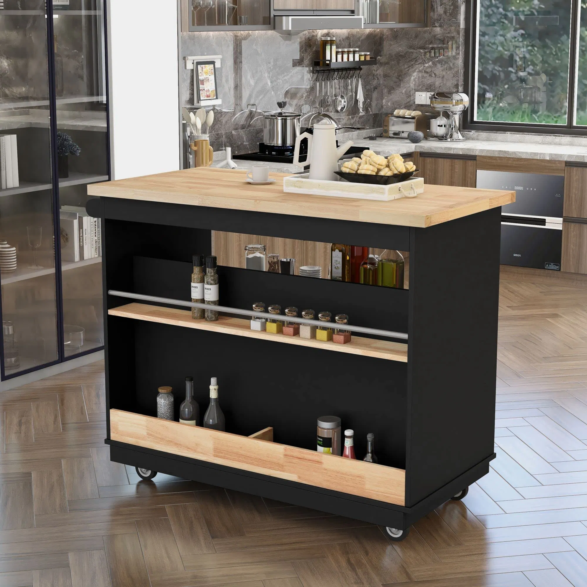 Rolling Mobile Kitchen Island with Side Storage, Kitchen Island Cart