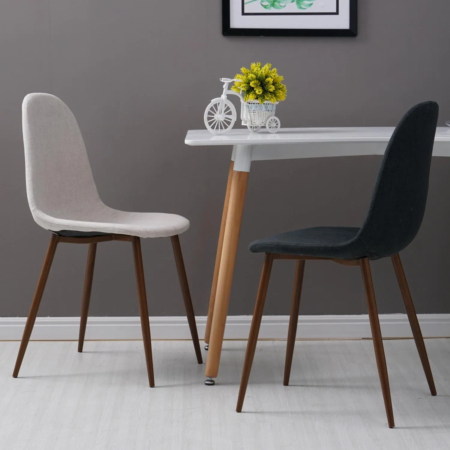 Dining Room Accent Chair Light Grey Linen Upholstered with Walnut Color Legs