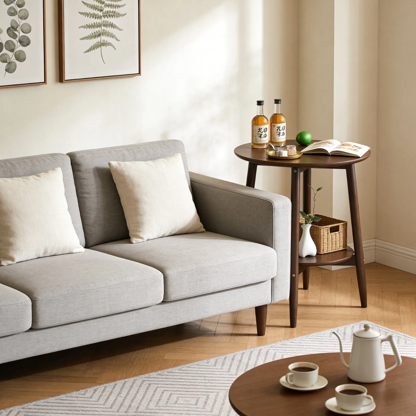 Elegant Two-Tiered Walnut and Rubberwood Small Side Table Solid Wood Living Room Small Side Table with Dual Layers