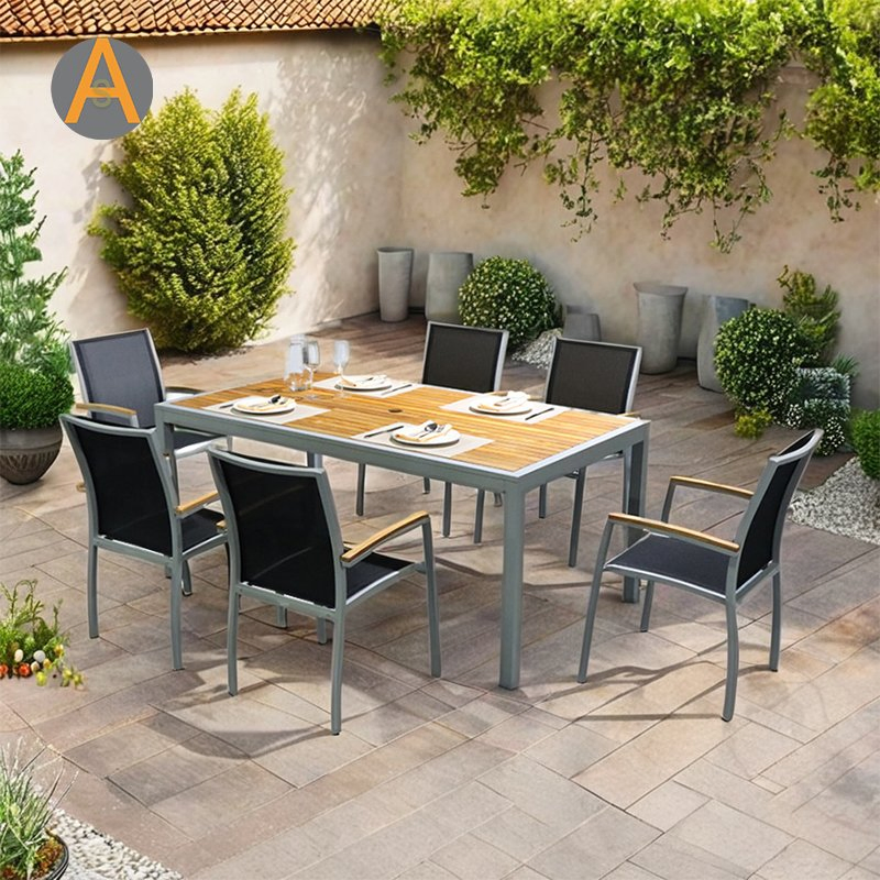 Guarantee Tailored High Quality Extendable Dining Set with Teak Wooden Table Top Aluminum Home Outdoor Furniture for Garden Living