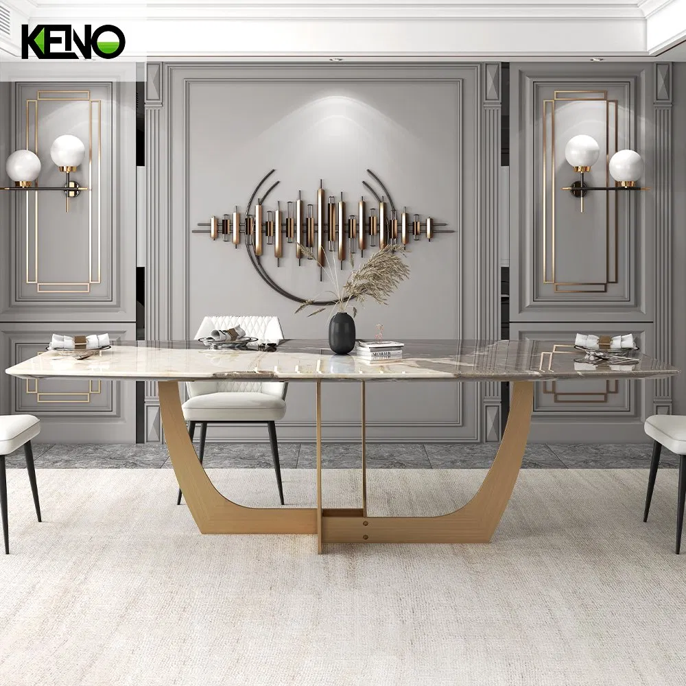 New Wholesale Home Furniture Nature Marble Dining Table with Brass Golden Stainless Steel Base