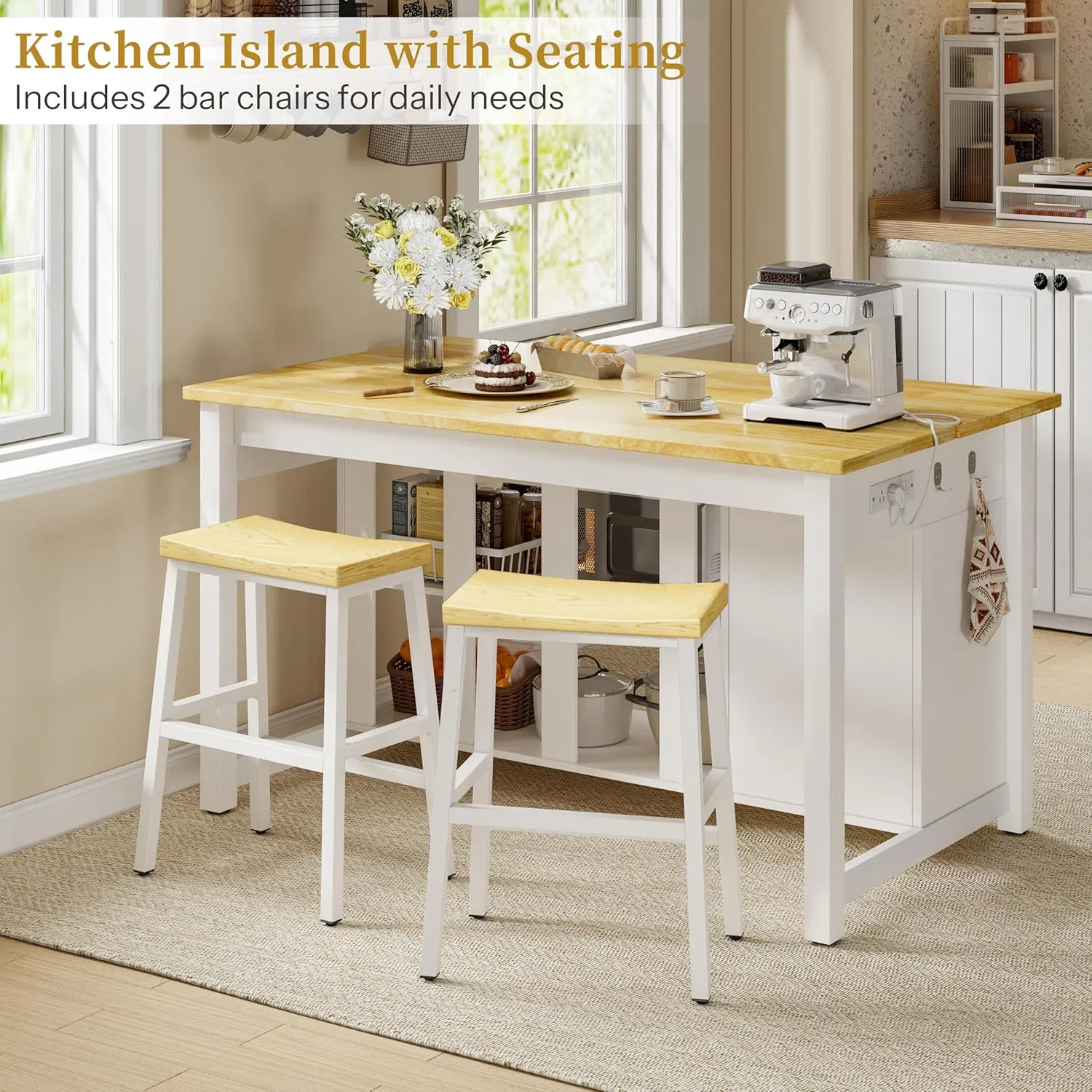 Multifunctional Microwave Stand Kitchen Center Island with Hidden Waste Bin and Overhang Countertop for Stools