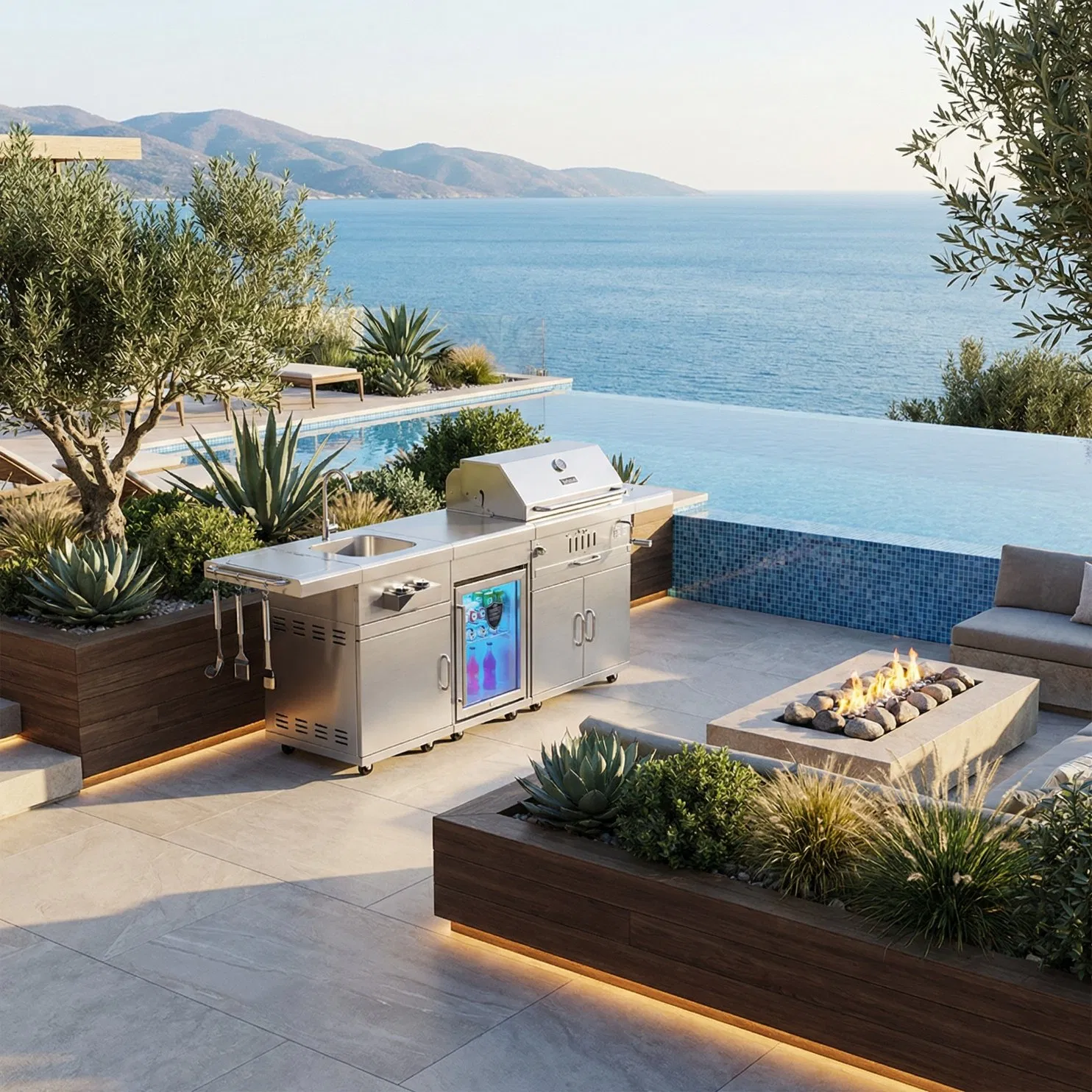 Stainless Steel BBQ Island with Wheels Wholesale Heavy Duty Grill Outdoor Kitchen Island for Restaurant