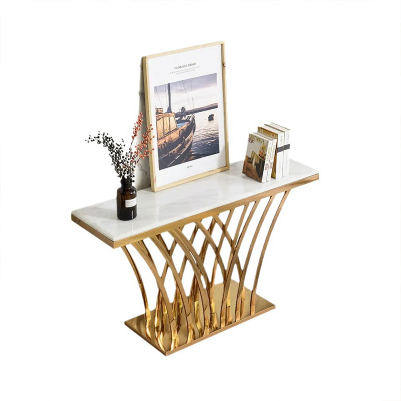Foshan China Classic Luxury Modern Hall Entry Narrow Shaped Gold Square Mirror Console Table with Marble Table Top for Hallway