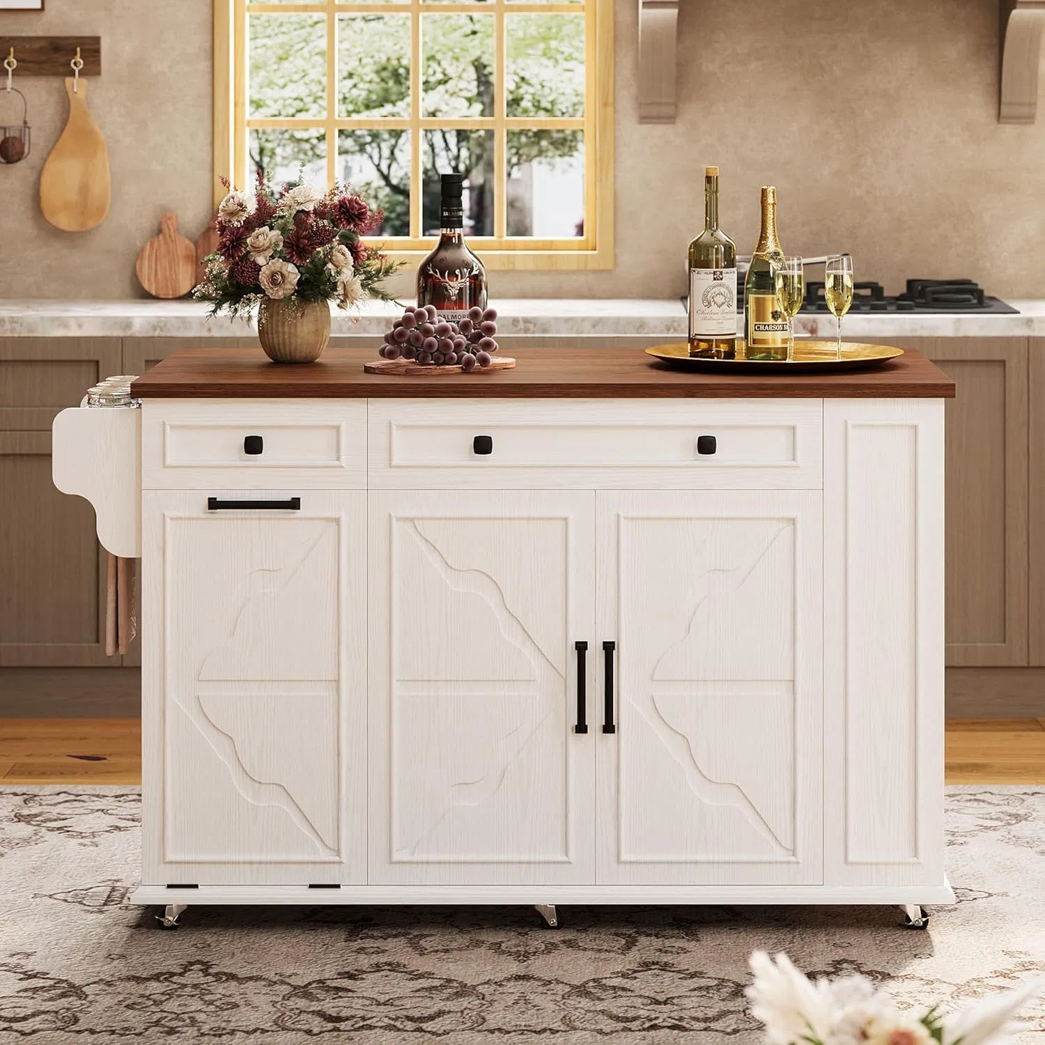 Large White Rolling Kitchen Island with Drop Leaf Breakfast Bar Tilt out Trash Bin and Power Outlet Workstation