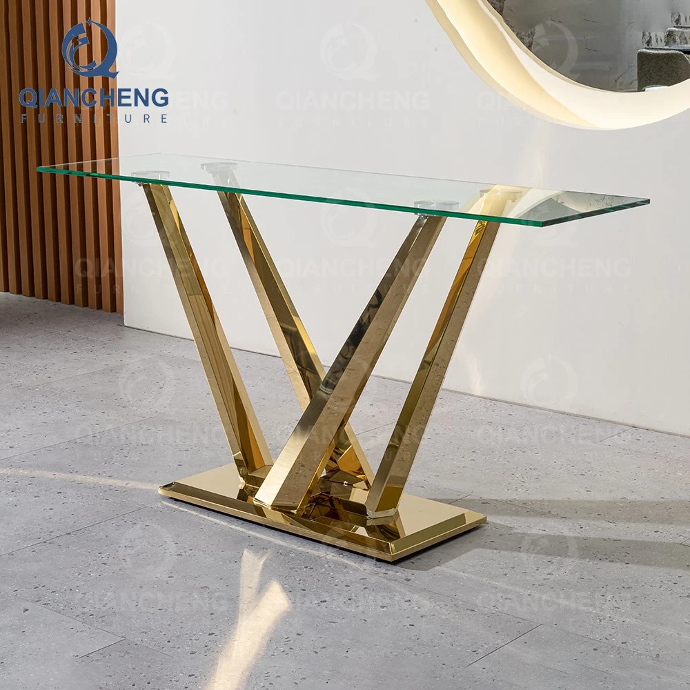 Home Entry Furniture Golden Stainless Steel Mirrored Glass Console Hallway Table
