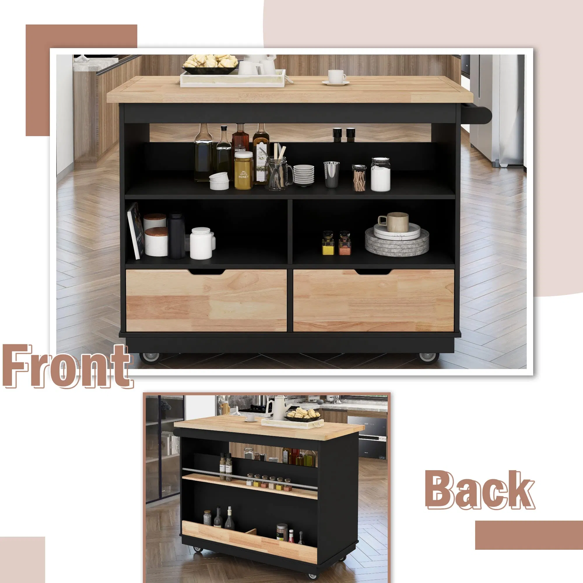 Rolling Mobile Kitchen Island with Side Storage, Kitchen Island Cart