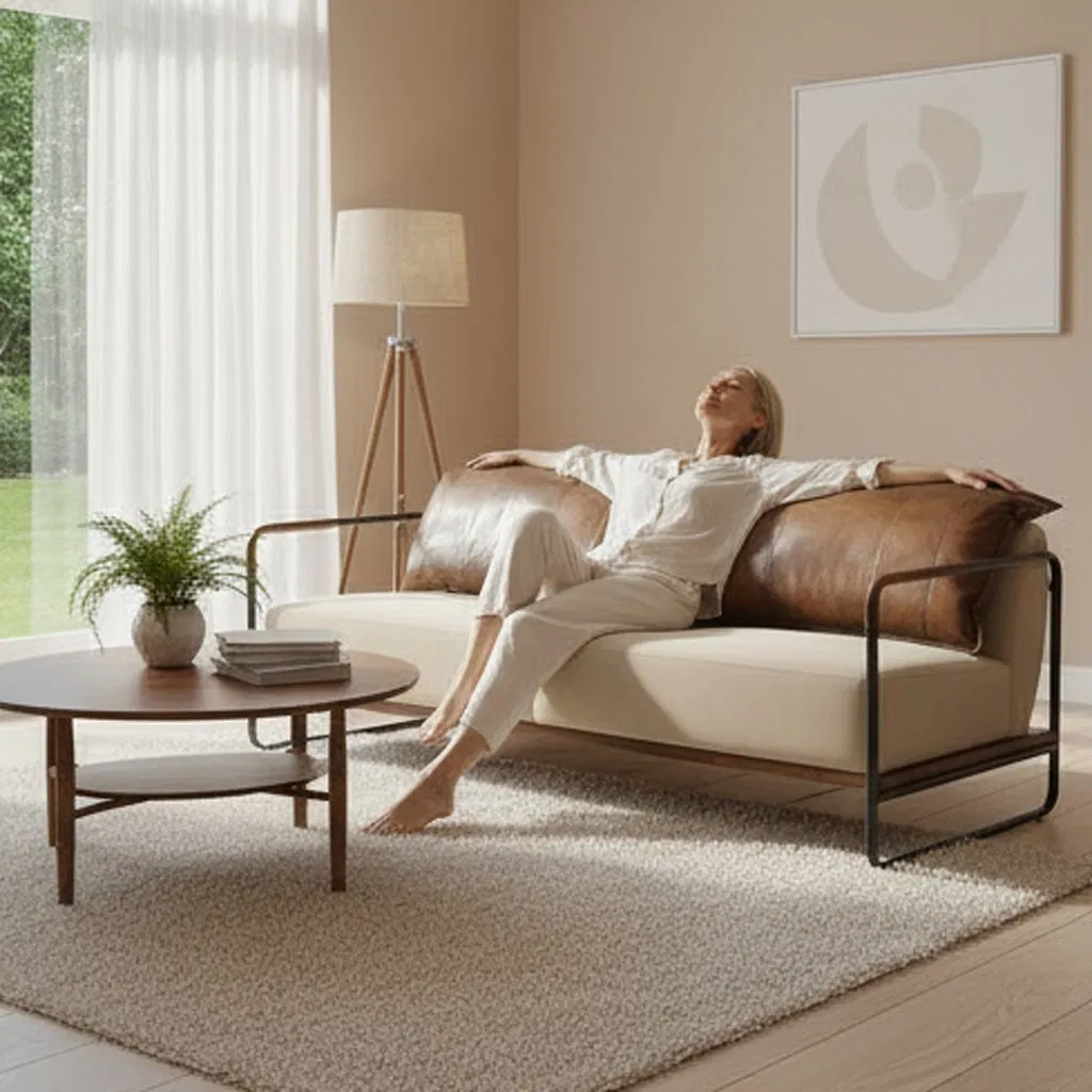 Quality Modern Industrial Loft Design Top Grain Leather Soft Backrest Cushion &amp; Canvas Seat Multi-Colors Living Room Long Couch Sofa Home Office Hotel Furniture