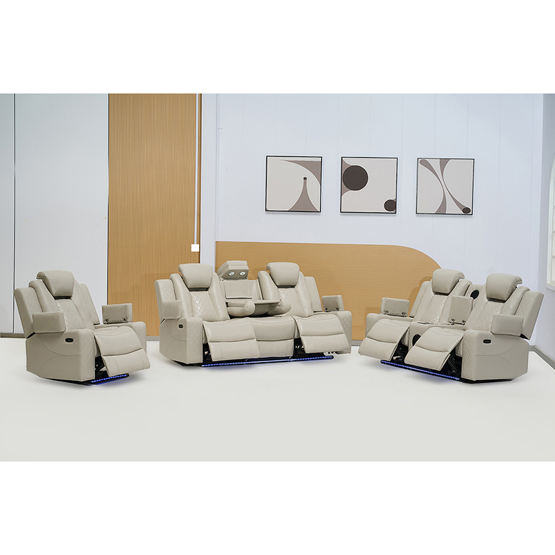 Beige Leather Home Theater Power Recliner Sofa Set with Multifunctional Speaker and LED