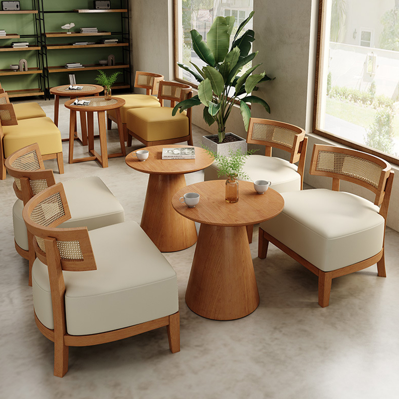 Nordic Rattan Wooden Cafe Booth Restaurant Furniture Dining Table and Chairs
