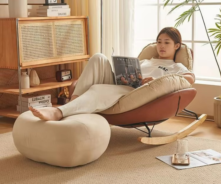 Luxury Nordic Modern Rocking Chair with Footstool, Velvet Leather Accent Lounge Armchair, Multifunctional Comfortable Sofa for Living Room