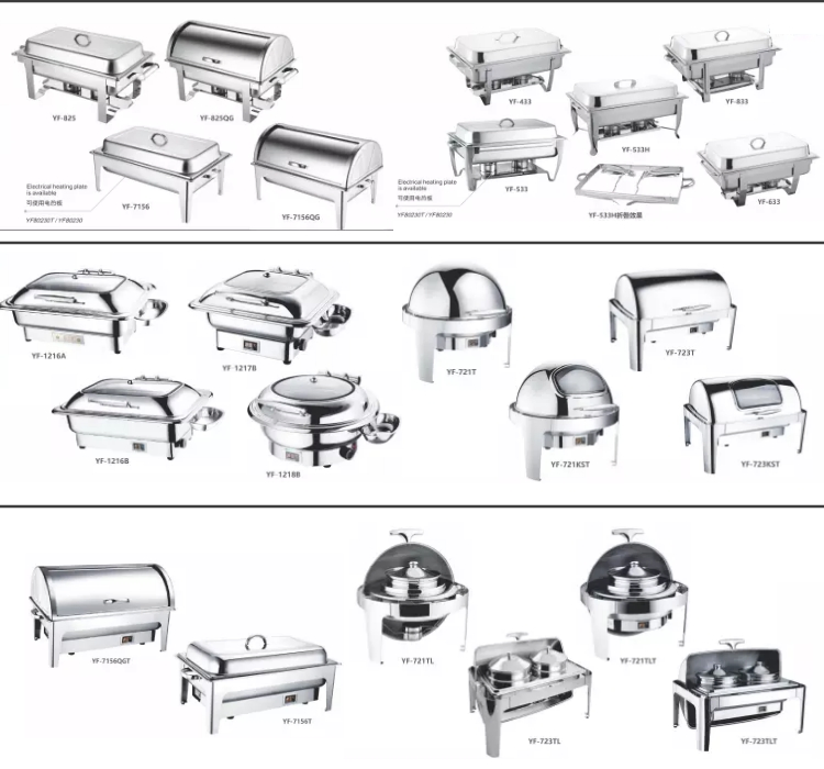 Commercial Electric Dome Roll up Rectangle Square Round Silver Gold Modern Beautiful Stainless Steel Warm Chafer Serving Buffet Server 4 Tray Heaters for Sale