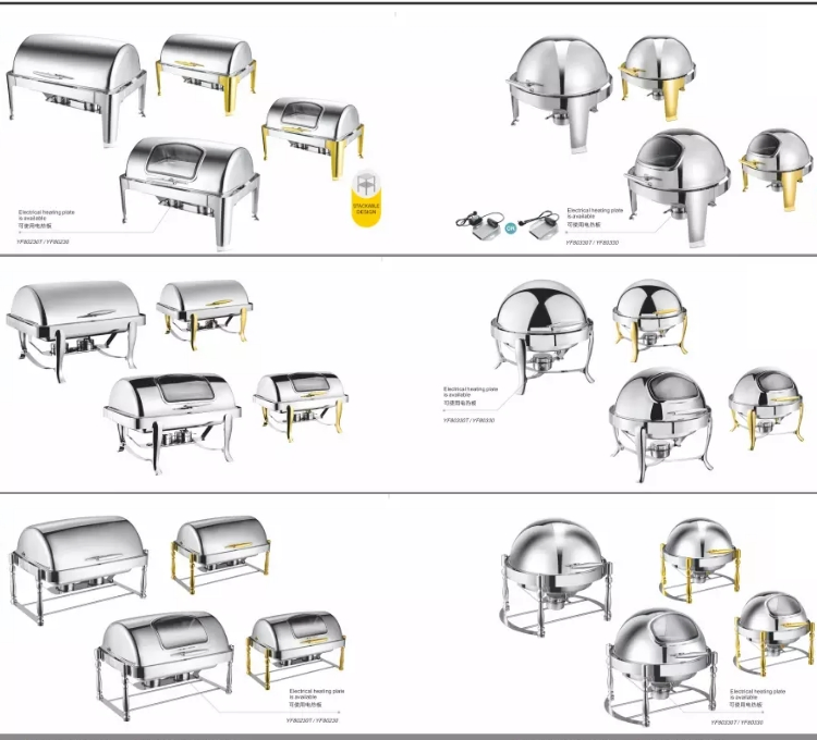 Commercial Electric Dome Roll up Rectangle Square Round Silver Gold Modern Beautiful Stainless Steel Warm Chafer Serving Buffet Server 4 Tray Heaters for Sale