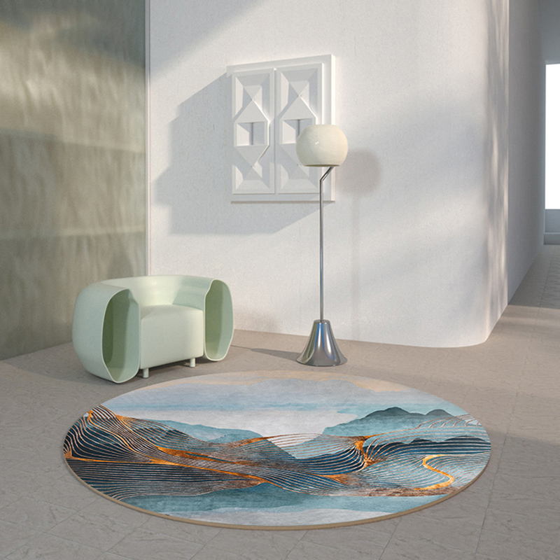 Blue Golden Round Carpet Wool Rugs Living Room Rug