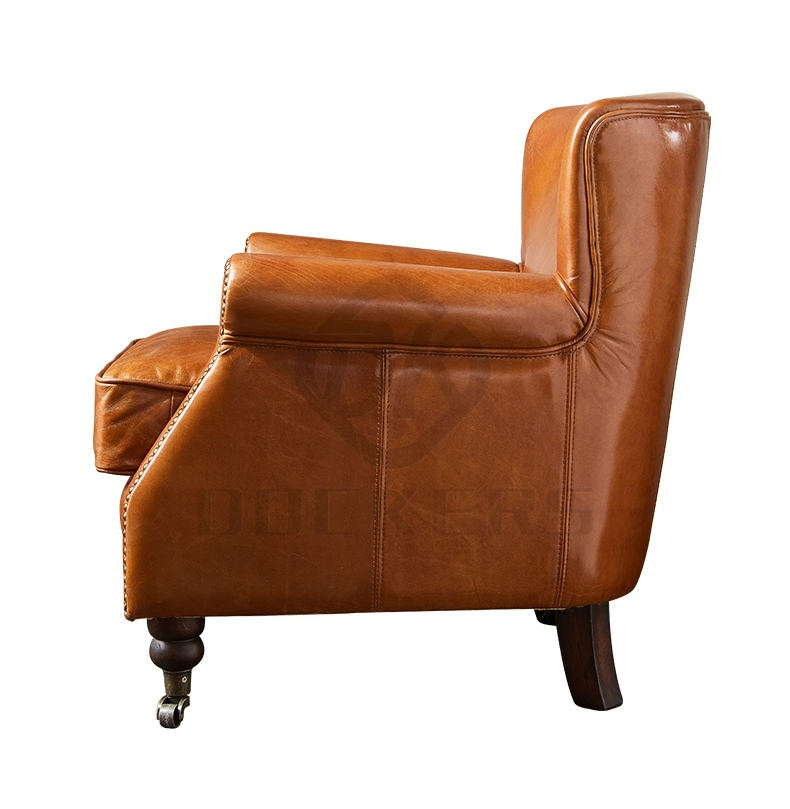 Home Living Room Vintage Furniture Wing Back Genuine Leather Side Sofa Accent Chair