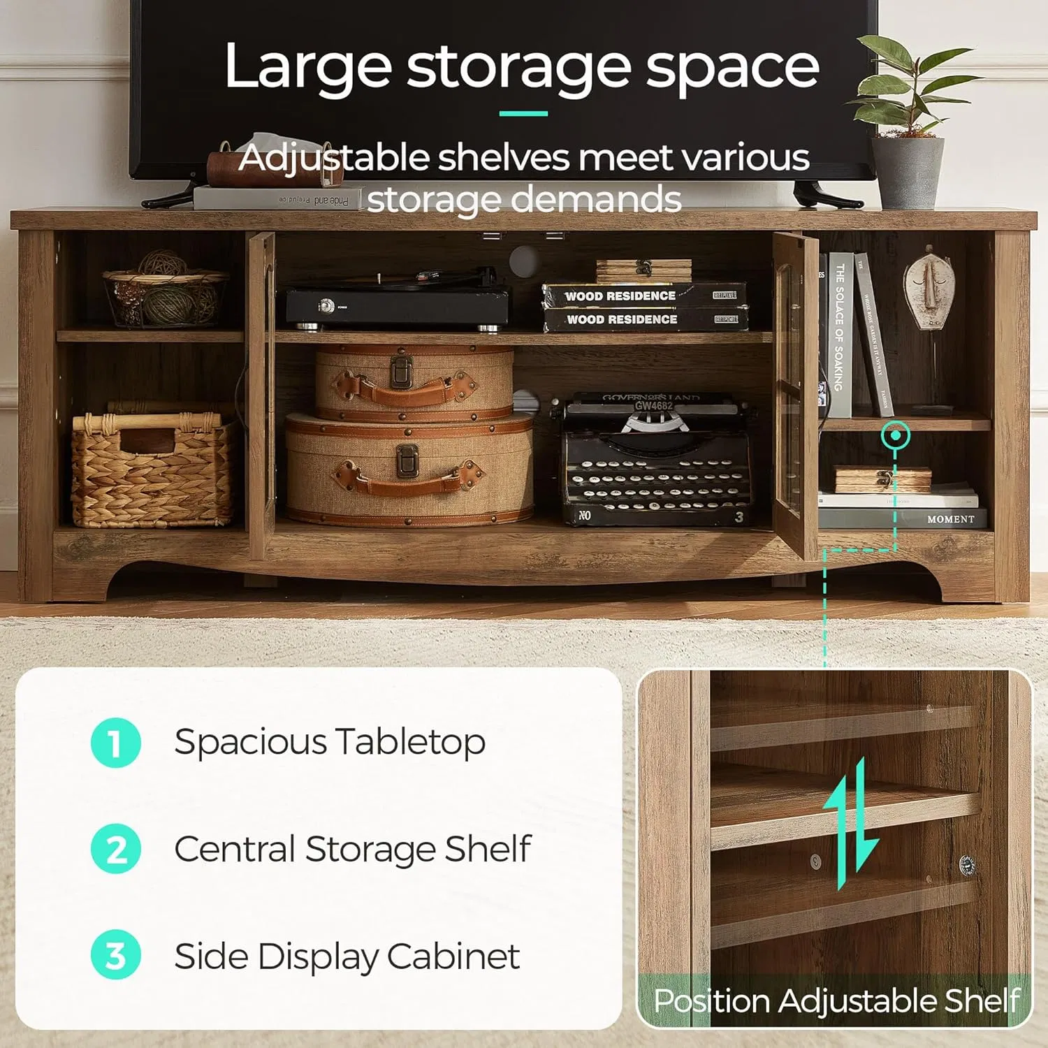 Classic Farmhouse TV Stand with Glass Door Solid Wood Design