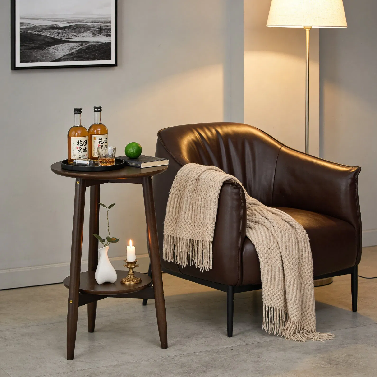 Elegant Two-Tiered Walnut and Rubberwood Small Side Table Solid Wood Living Room Small Side Table with Dual Layers