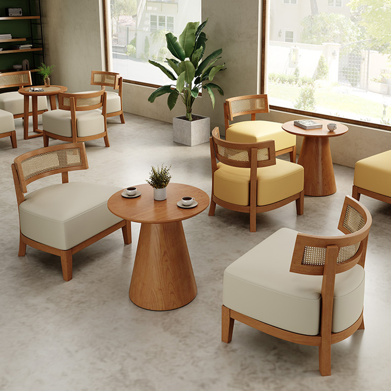 Nordic Rattan Wooden Cafe Booth Restaurant Furniture Dining Table and Chairs