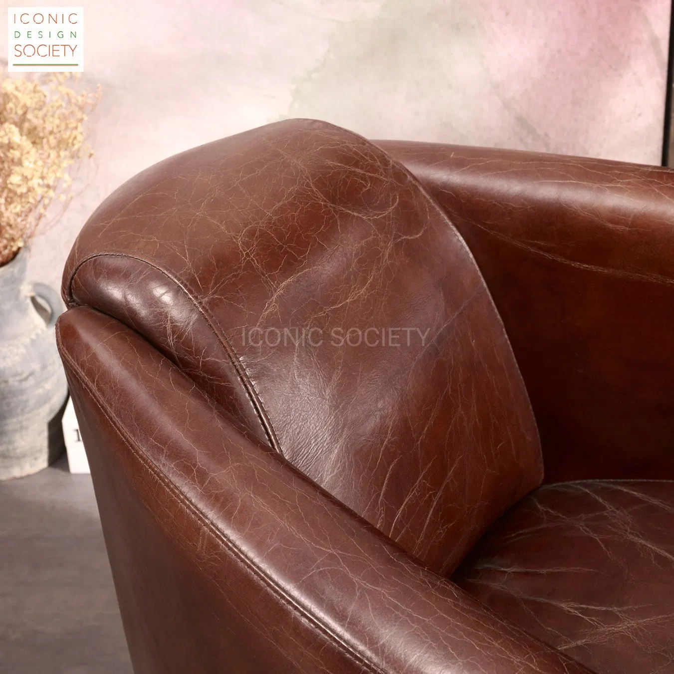 Vintage Living Room Furniture Club Hotel Aluminium Aviator Barrel Armchair Genuine Leather Accent Leisure Chair