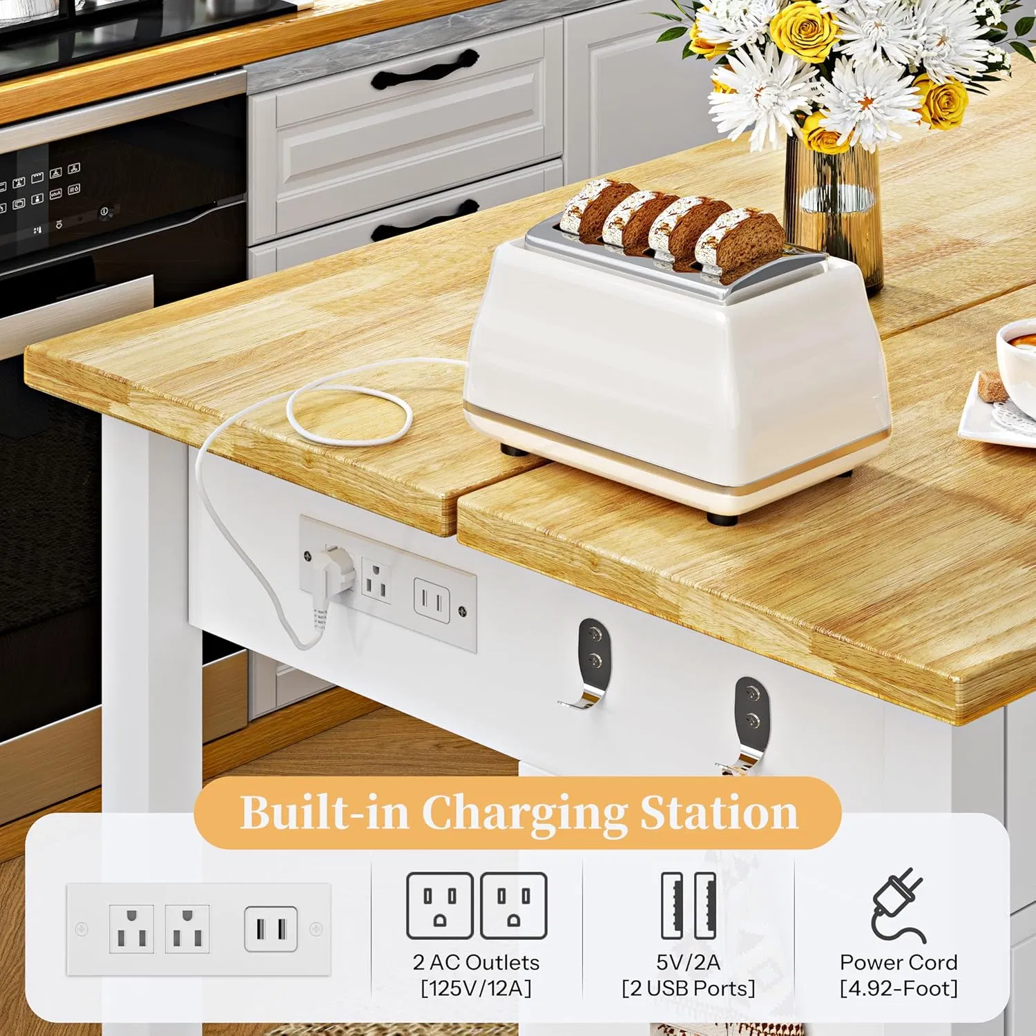 Multifunctional Microwave Stand Kitchen Center Island with Hidden Waste Bin and Overhang Countertop for Stools