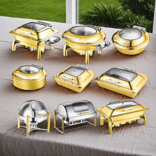 Commercial Electric Dome Roll up Rectangle Square Round Silver Gold Modern Beautiful Stainless Steel Warm Chafer Serving Buffet Server 4 Tray Heaters for Sale